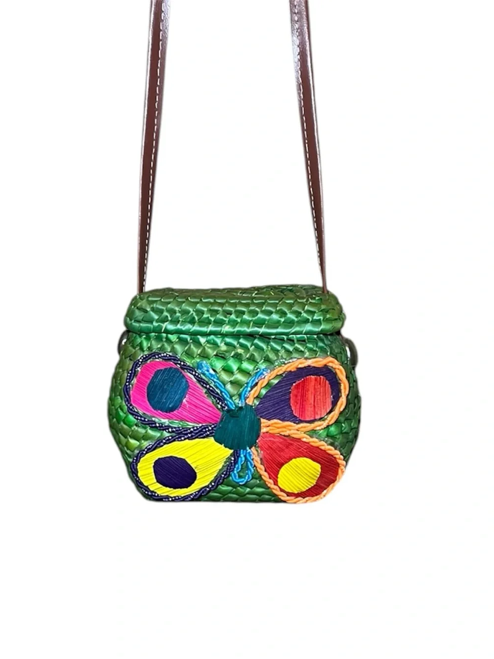 Handwoven Pink & Green Floral Crossbody Basket Bag